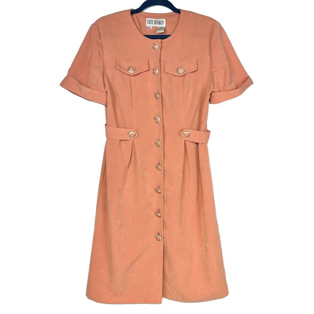 Vintage Coco Bianco Peach Button Front Short Sleeve Dress 80s Teacher School 6